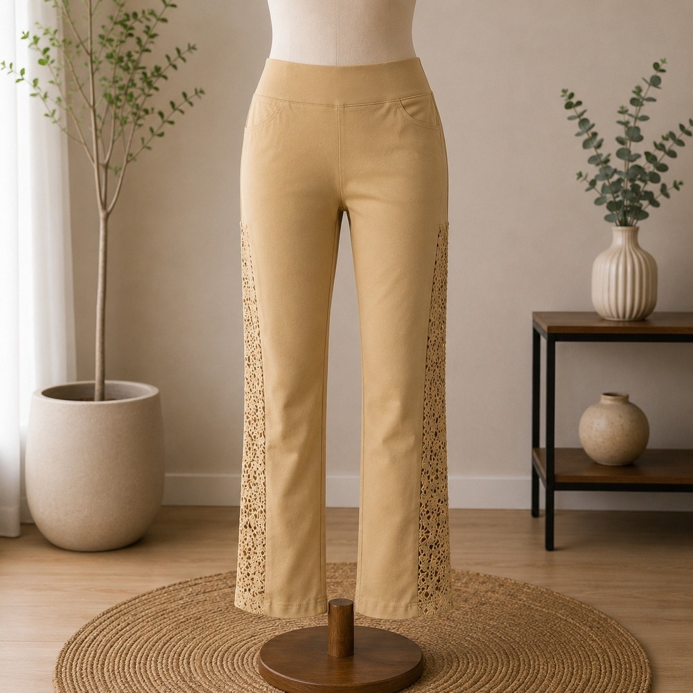 NWOT Logo Layers Leggings Women XL Tan Eyelet Lace Side Panel Pockets Casual